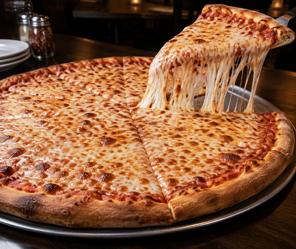 Illustrative photograph of an oversized cheese pizza with a large slice being lifted