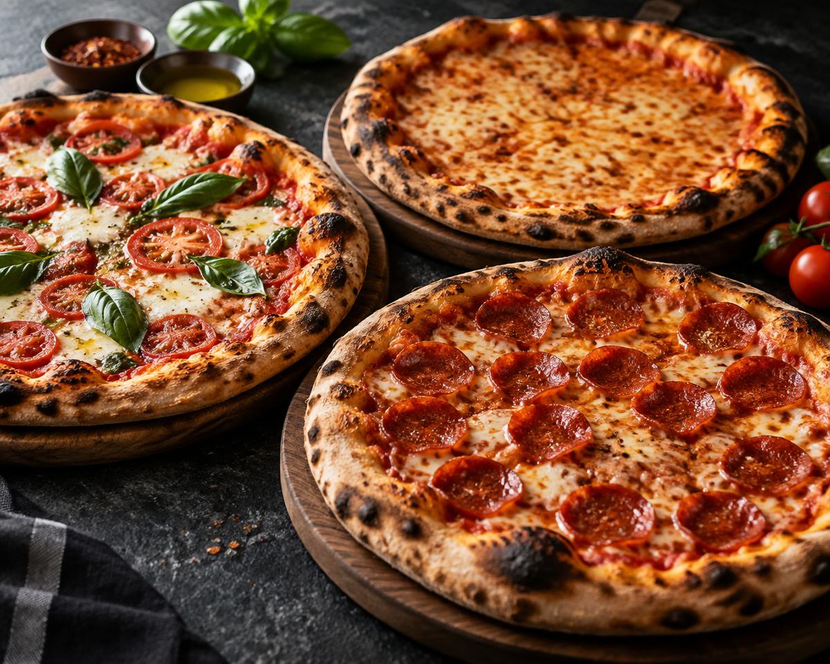 Illustrative assortment of pizzas; actual menu offerings to be confirmed